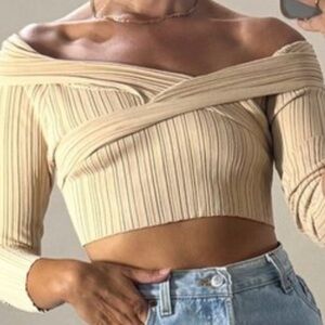 Michael Costello Cream Off-Shoulder Crop Top